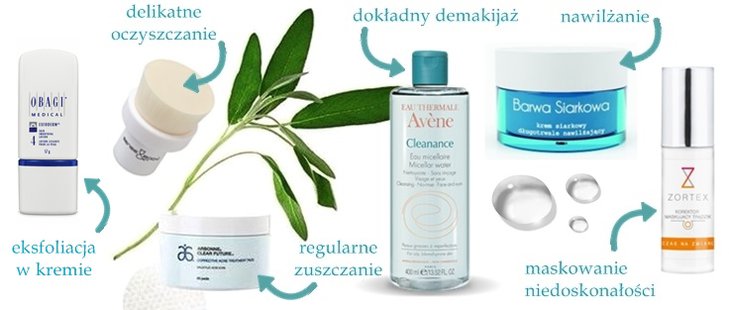 Krem złuszczający Obagi Exfoderm, Girls Best Friend Szczoteczka do oczyszczania twarzy, Arbonne Clear Future Płatki oczyszczające do cery z niedoskonałościami, Avene Cleanance Woda micelarna do demakijażu cery tłustej i z niedoskonałościami, Barwa Siarkowa Nawilżający krem siarkowy o przedłużonym działaniu, Clarena Zortex Korektor maskujący trądzik