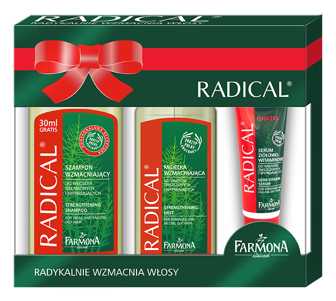 Radical Szampon wzmacniający 330 ml, Odżywka wzmacniająco-regenerująca 100 ml i witaminowe Serum ziołowo-witaminowe do włosów 30 ml. Cena 20 zł.