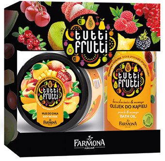 Tutti Frutti Brzoskwinia & Mango olejek do kąpieli 500 ml, Brzoskwinia & Mango i mus do ciała 275 ml. Cena 25 zł.