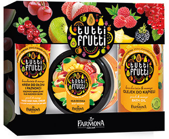 Tutti Frutti Brzoskwinia & Mango olejek do kąpieli 500 ml/275 ml, Brzoskwinia & Mango krem do dłoni 30 ml i Brzoskwinia & Mango mus do ciała 275 ml. Cena 28 zł.