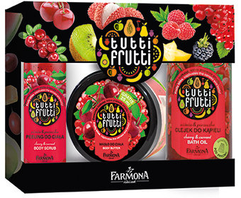 Tutti Frutti Wiśnia & Porzeczka olejek do kąpieli 500 ml, Wiśnia & Porzeczka masło do ciała 275 ml i Wiśnia & Porzeczka peeling do ciała 100 ml. Cena 28 zł.