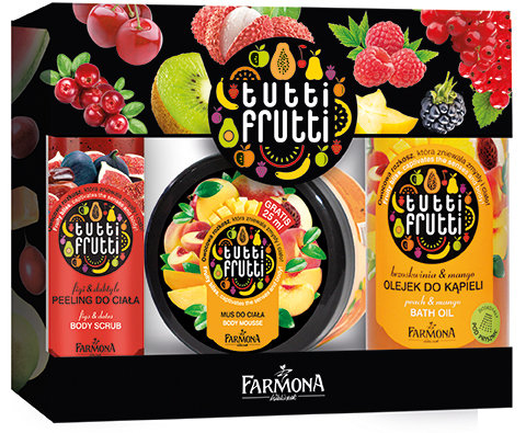 Tutti Frutti Brzoskwinia & Mango olejek do kąpieli 500 ml/275 ml, Figi i daktyle peeling do ciała 100 ml i Brzoskwinia & Mango mus do ciała 275 ml. Cena 28 zł.