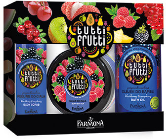 Tutti Frutti Jeżyna & Malina olejek do kąpieli 500 ml, Jeżyna & Malina masło do ciała 275 ml i Jeżyna & Malina peeling do ciała 100 ml. Cena 28 zł.