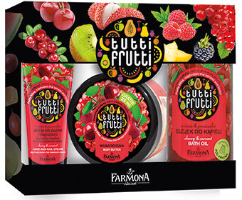 Tutti Frutti Wiśnia & Porzeczka olejek do kąpieli 500 ml i Wiśnia & Porzeczka masło do ciała 275 ml. Wiśnia & Porzeczka krem do dłoni.