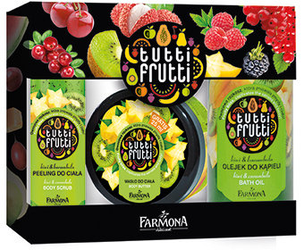 Tutti Frutti Kiwi & Karambola olejek do kąpieli 500 ml, Kiwi & Karambola masło do ciała 275 ml, Kiwi & Karambola peeling do ciała 100 ml. Cena 28 zł.