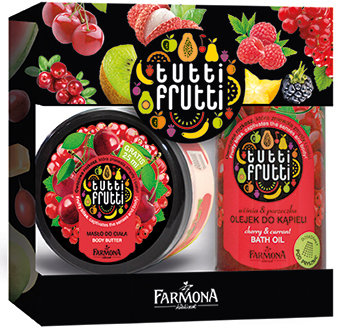 Tutti Frutti Wiśnia & Porzeczka olejek do kąpieli 500 ml i Wiśnia & Porzeczka masło do ciała 275 ml. Cena 25 zł.