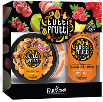 Tutti Frutti Karmel & Cynamon olejek do kąpieli 500 ml i Karmel & Cynamon masło do ciała 275 ml. Cena 25 zł.