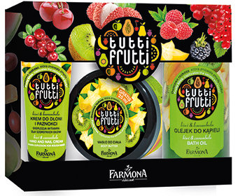 Tutti Frutti Kiwi & Karambola olejek do kąpieli 500 ml, Kiwi & Karambola masło do ciała 275 ml, Kiwi & Karambola krem do dłoni.