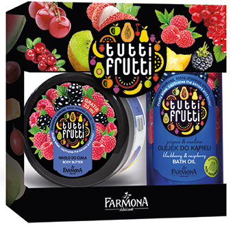 Tutti Frutti Jeżyna & Malina olejek do kąpieli 500 ml i Jeżyna & Malina masło do ciała 275 ml. Cena 25 zł.