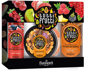 Tutti Frutti Karmel & Cynamon olejek do kąpieli 500 ml, Figi & Daktyle peeling do ciała 100 ml i Karmel & Cynamon masło do ciała 275 ml. Cena 28 zł.