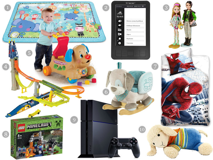 1. Mata edukacyjna Fisher Price W9899, ok. 149 zł;
2. Czytnik e-booków Tracer My Book 6'', ok. 179 zł;
3. Lalki Ever After High CBX80, ok. 141 zł;
4. Zestaw torów Hot Wheels Oblężenie Mutantów BGJ19, cena ok. 122 zł;
5. Jeździk Piesek Fisher Price X6838, ok. 240 zł;
6. Pies Cyril na biegunach Nattou, ok. 419 zł;
7. Pościel Spiderman 160 x 200 Carbotex, ok. 64 zł;
8. Klocki LEGO Minecraft Jaskinia 21113, ok. 85 zł;
9. Konsola Sony PlayStation 4 500GB, ok. 1549 zł;
10. Owieczka Stella z bijącym sercem Sterntaler, ok. 126 zł.